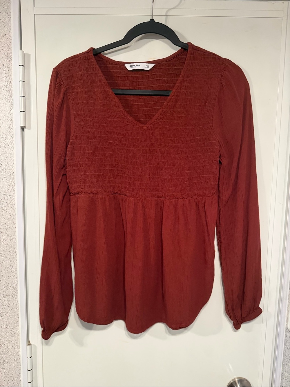 Sonoma Brown Smocked V-Neck Long Sleeve Top